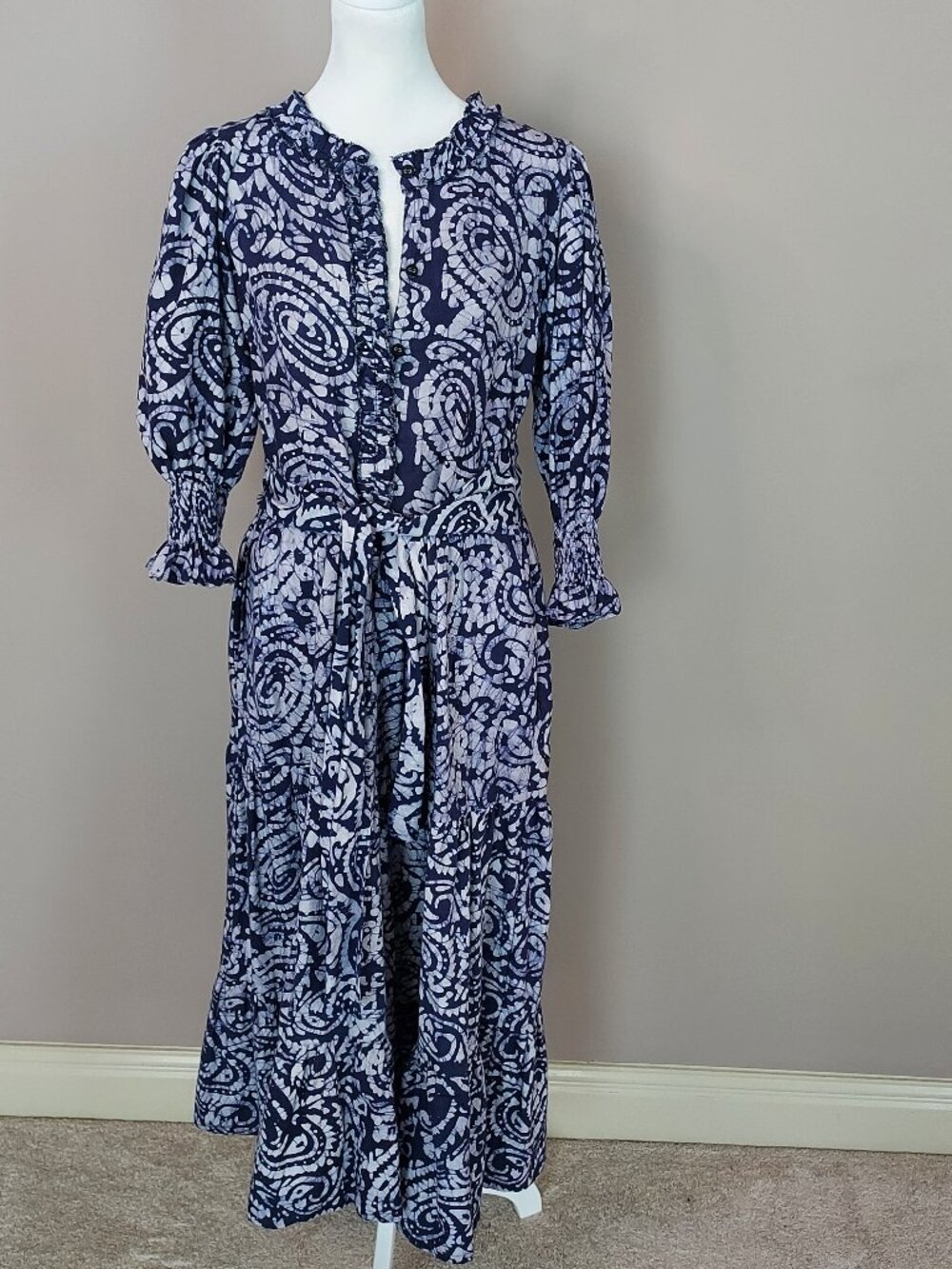 Kemi Telford Cotton Batik Print 3/4 Sleeve Belted Maxi Tiered Dress Size Med